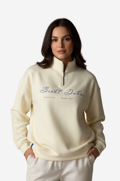 THE BISHT DUBAI QUARTER-ZIP SWEATER (CREAM & NAVY)