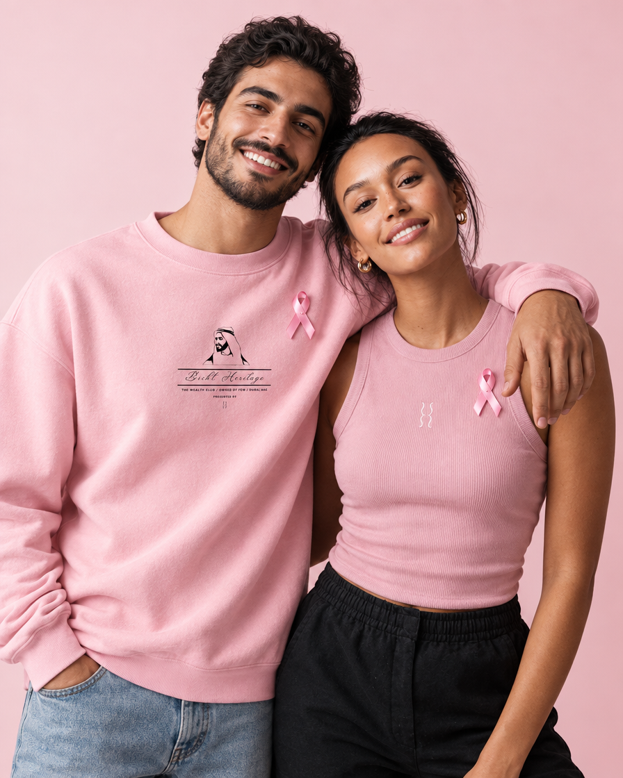 Couple wearing the pink Sheikh Zayed sweater and pink tank top for Breast Cancer Awareness Month
